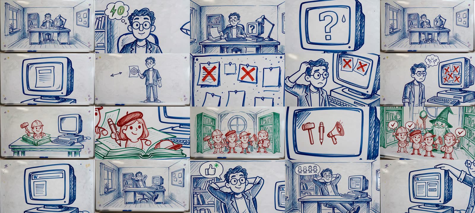 Frames from the finished explainer, drawn in blue, green and red marker on a whiteboard