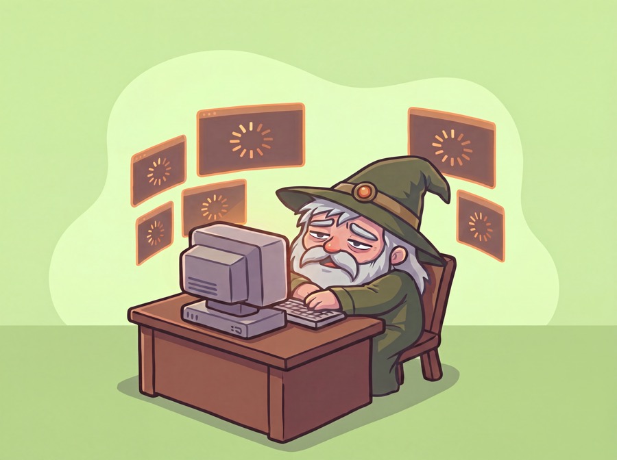 A tired founder alone at a computer late at night
