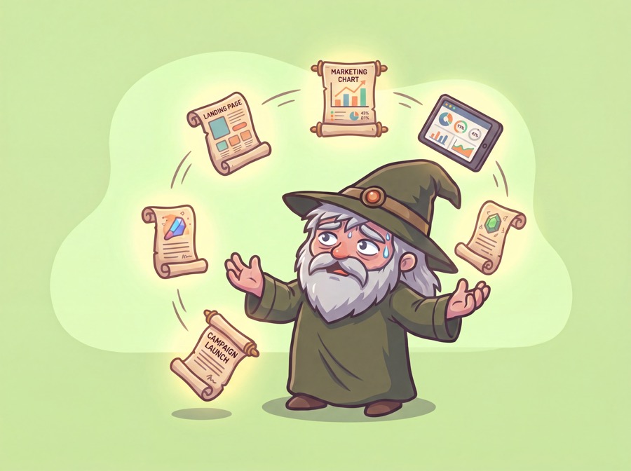 A marketer juggling floating campaign scrolls